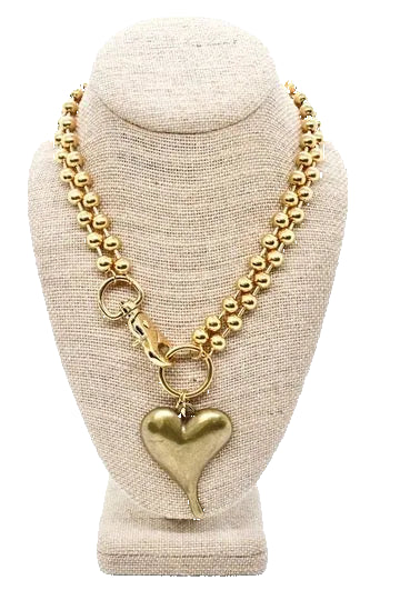 Double Gold Ball Chain Brass Heart Necklace