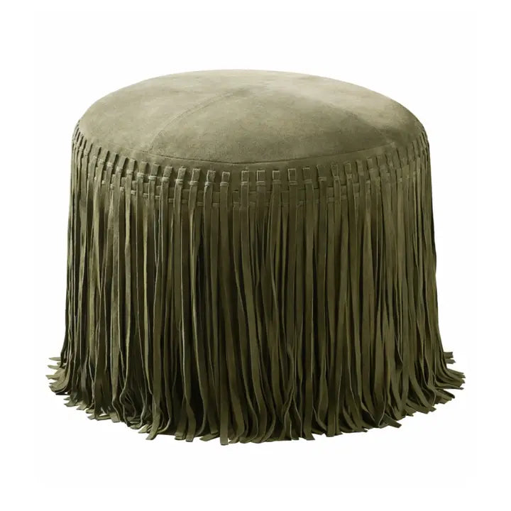 Suede Leather Fringe Ottoman - Olive