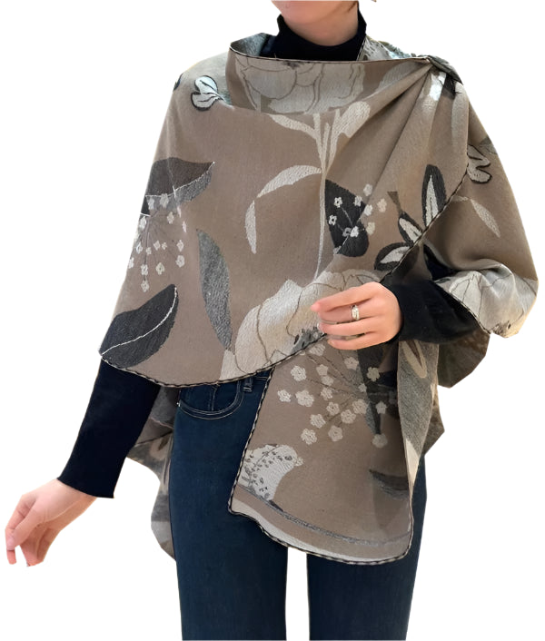 Reversible Wrap Scarf - Black/Tan Garden