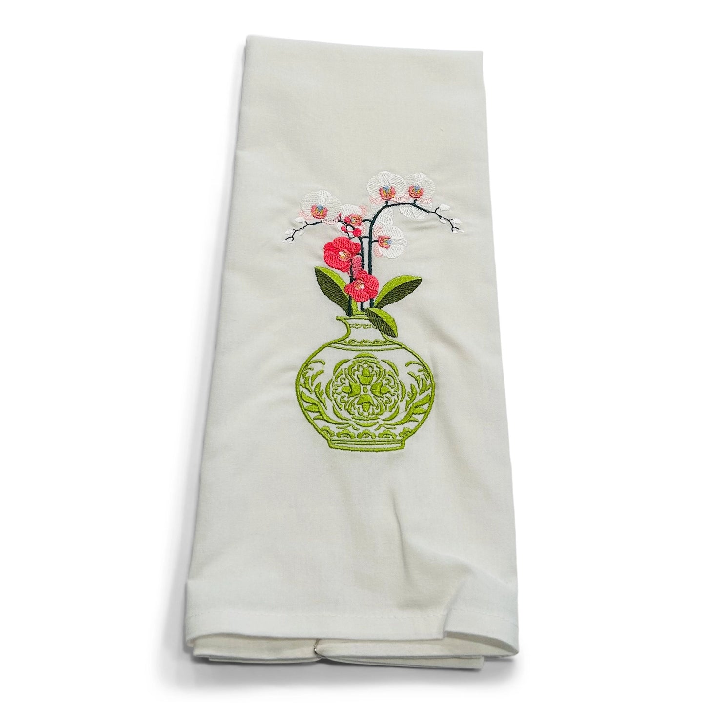 Tea Towel - Green/White Jar with Orchid