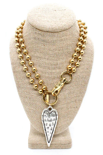 Double Gold Ball Chain Elongated Heart Necklace