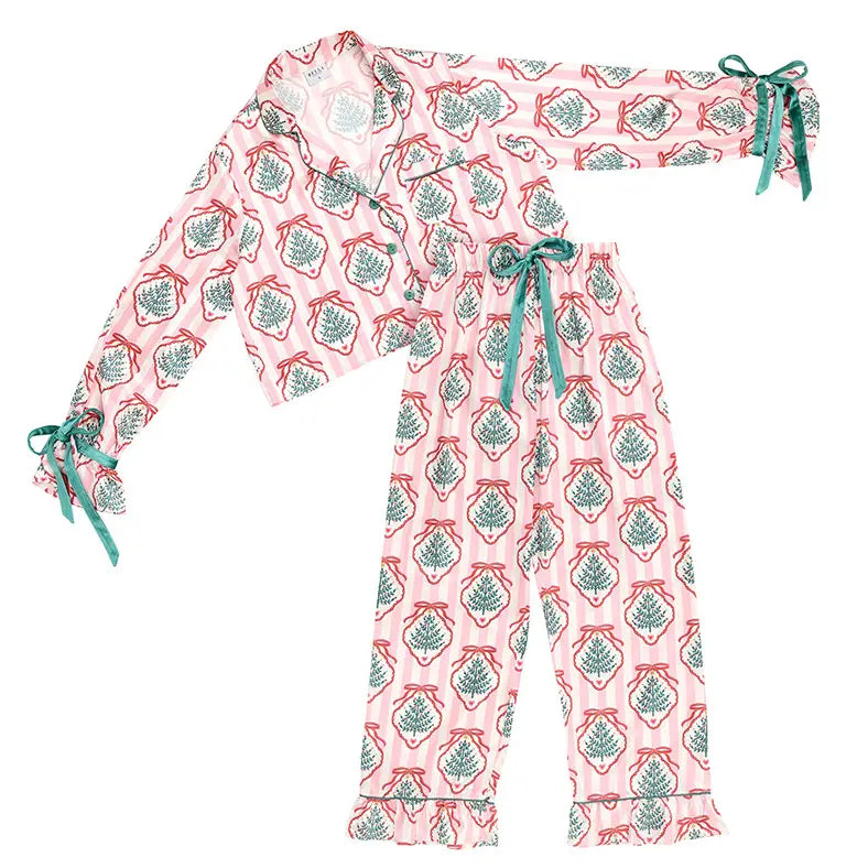 Pajama Set - Striped Pink Trees