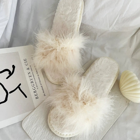 Feather Slippers - Cream - S/M