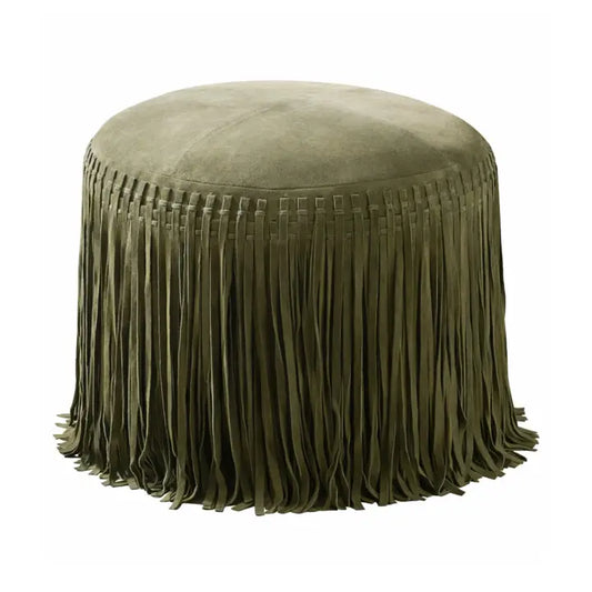 Suede Leather Fringe Ottoman - Round/Olive