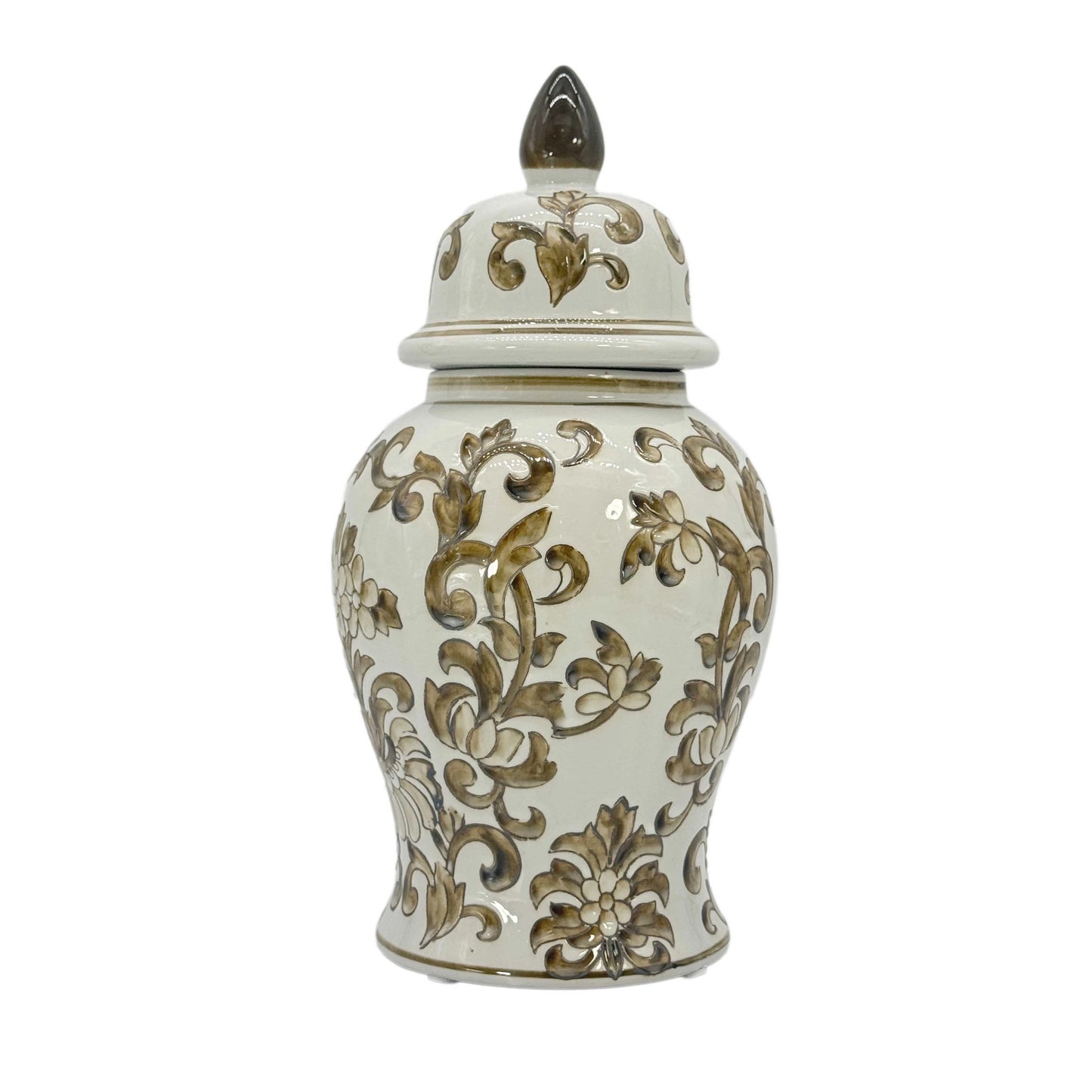 Brown/White Floral Chinoiserie Jar