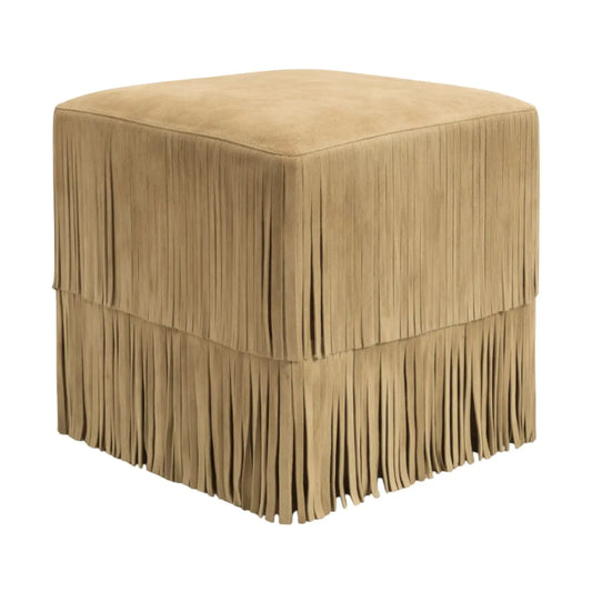 Suede Leather Fringe Ottoman - Square/Tan