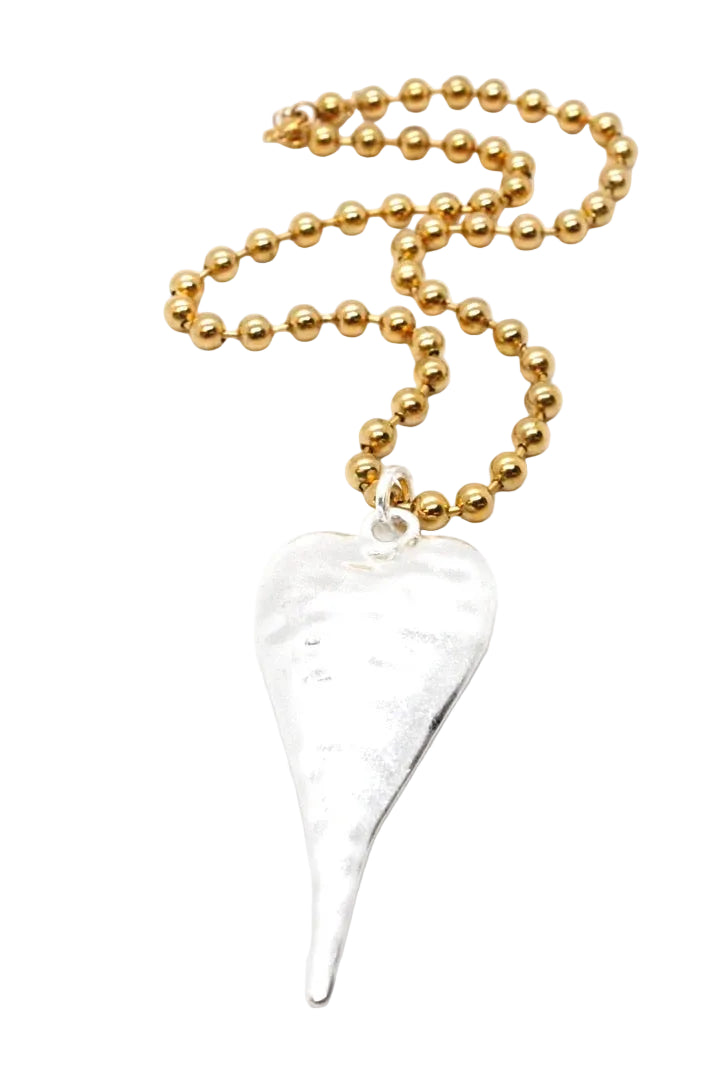 Single Gold Ball Chain Large Silver Heart Necklace