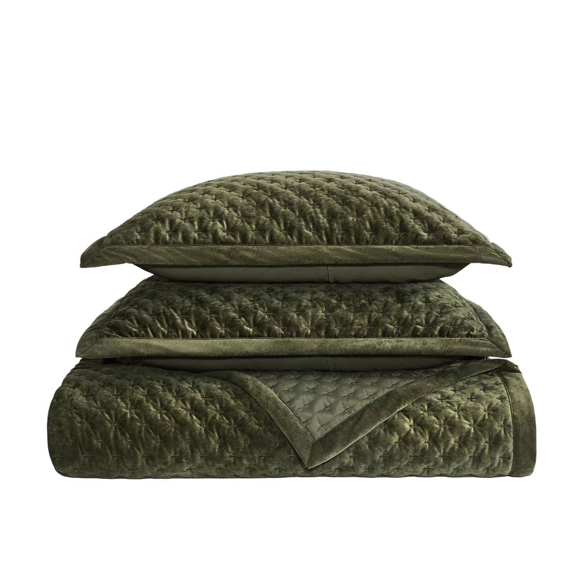 Green Velvet Cross Stitch Coverlet Set - King