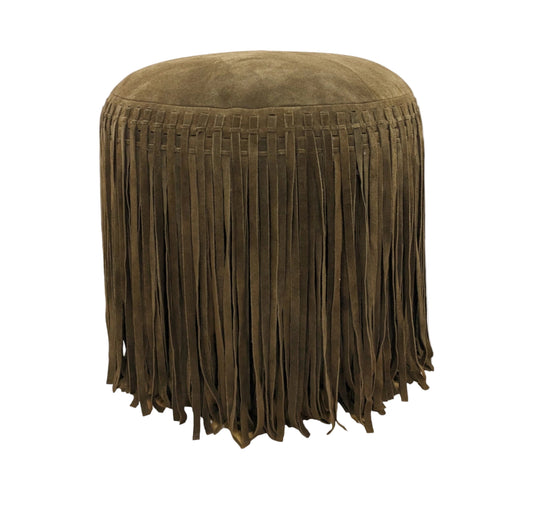 Suede Leather Fringe Ottoman - Mocha