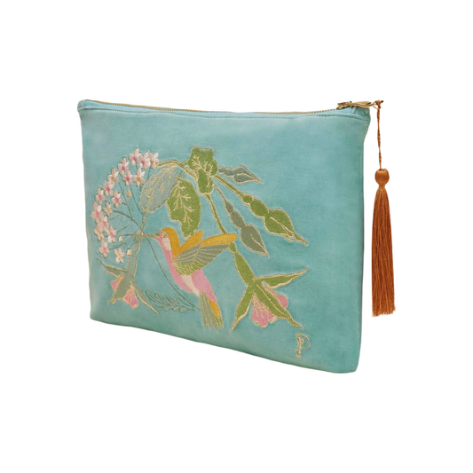 Velvet Embroidered Zip Pouch - Aqua Hummingbird