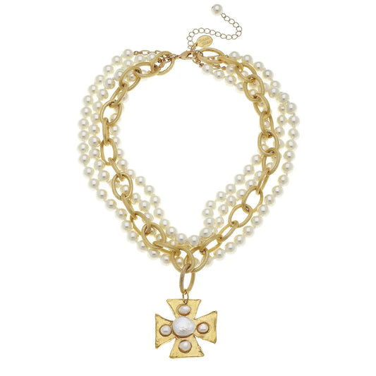 Multi Strand Cross Pearl Necklace