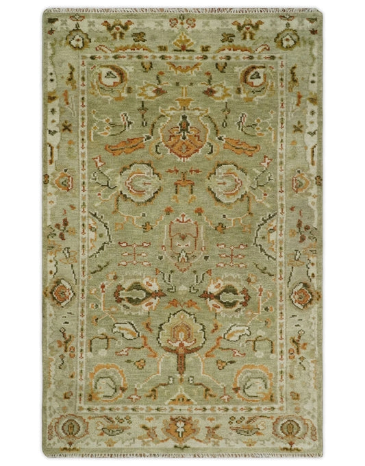 Green/Beige Hand Knotted Wool Rug - 5x8