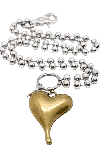 Double Silver Ball Chain Brass Heart Necklace