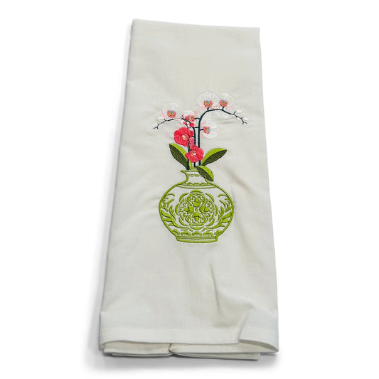 Tea Towel - Green/White Jar with Orchid