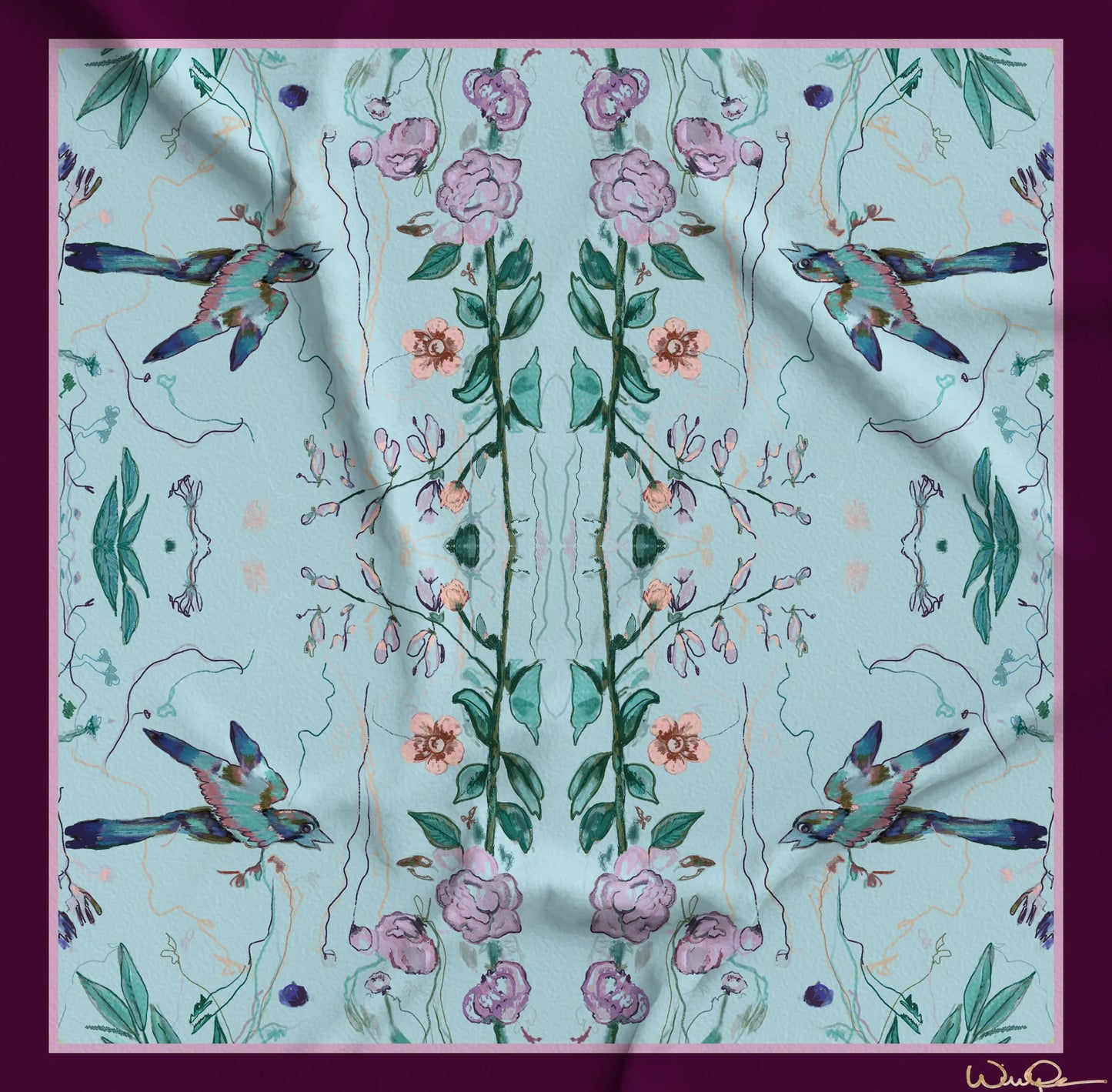 Silk Scarf - Birds of a Feather Aqua