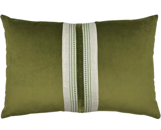 Banded Olive Velvet Pillow - 16x24