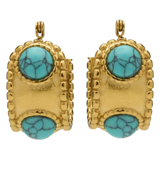 Turquoise Studded Gold Hoops