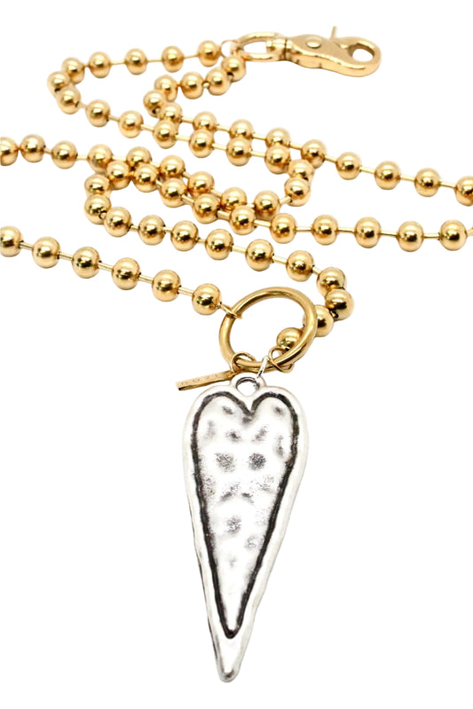 Double Gold Ball Chain Elongated Heart Necklace