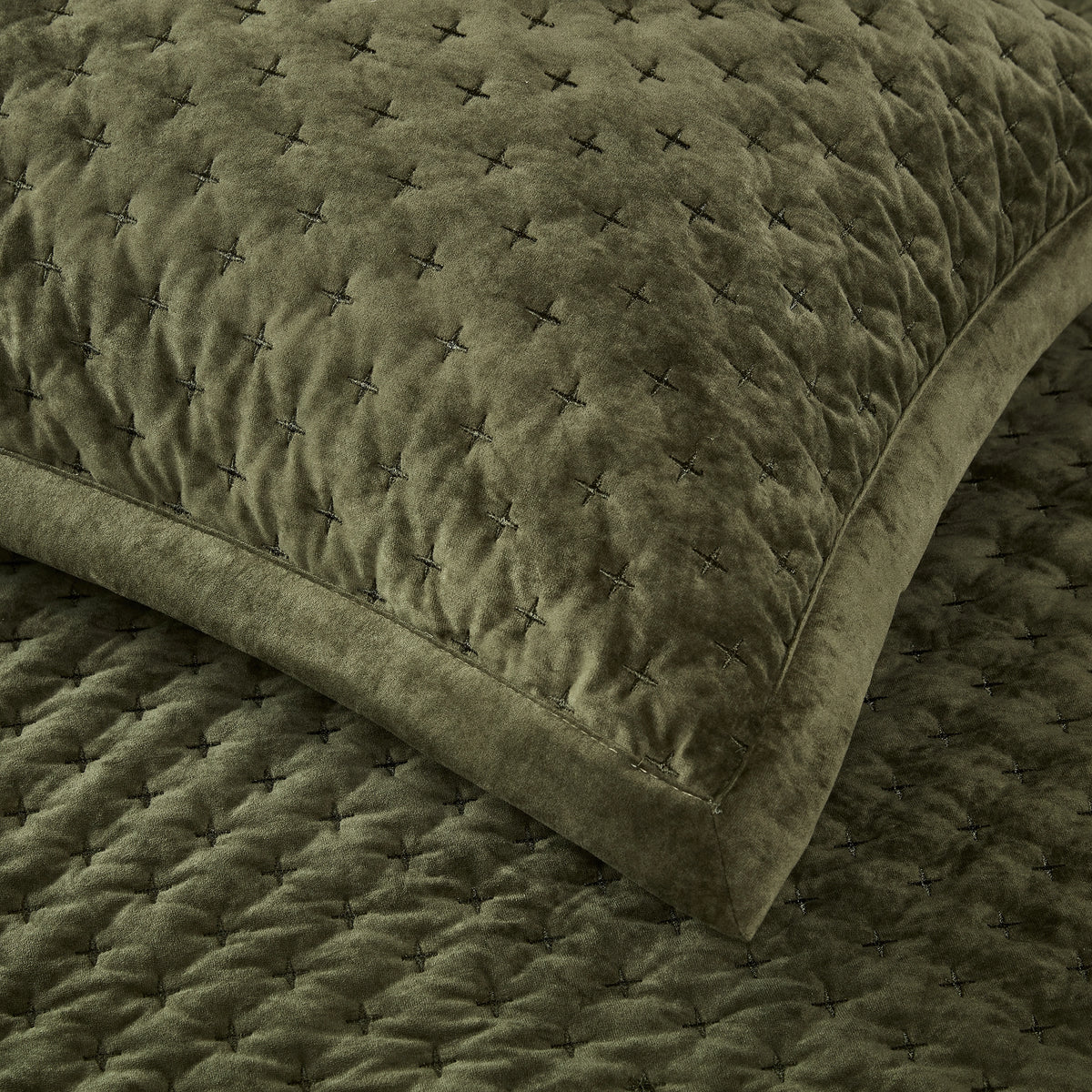Green Velvet Cross Stitch Coverlet Set - King
