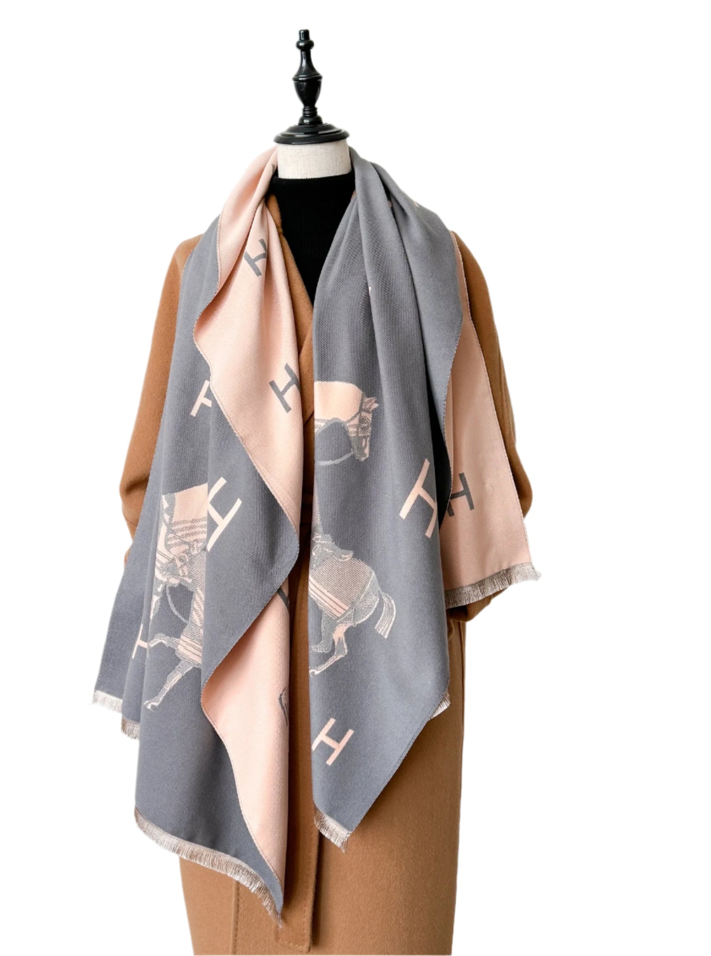 Reversible Wrap Scarf - Equestrian Pink/Gray "H"