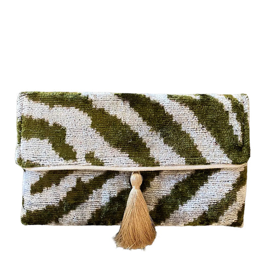Silk Velvet Green Zebra Ikat Clutch/Crossbody