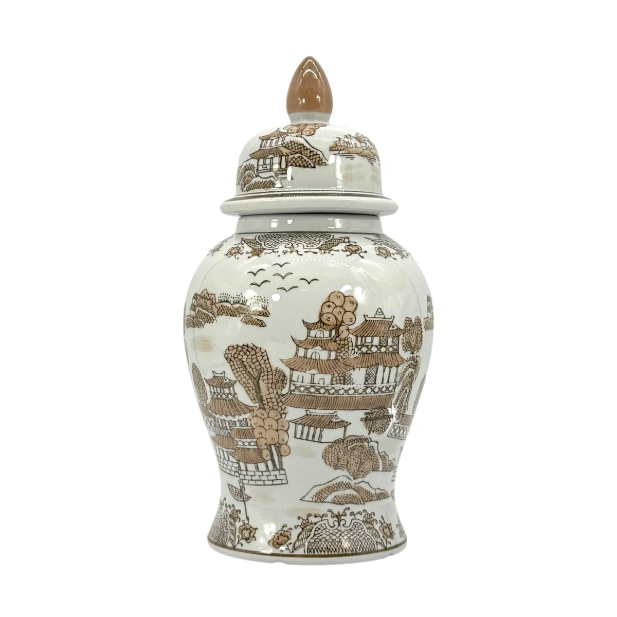 Brown/White Landscape Chinoiserie Jar