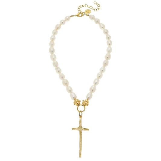 Elongated Cross Pearl Necklace