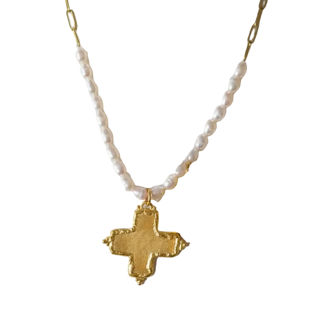 Freshwater Pearl Gold Cross Necklace