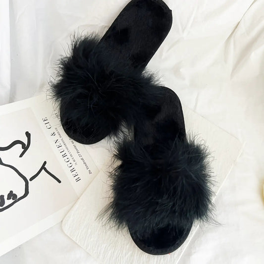 Feather Slippers - Black - S/M