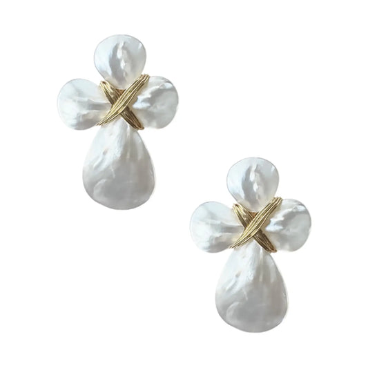 Gold Pearl Cross Earring