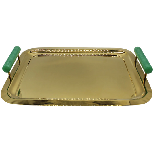 Gold Metal Tray with Green Handles