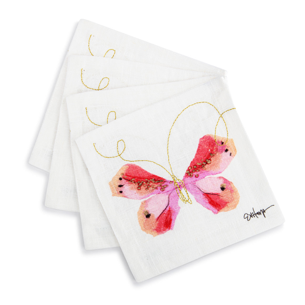 Cloth Cocktail Napkin S/4 - Pink Butterfly